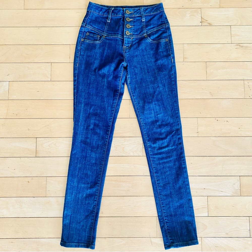 On-trend High Waist Corset Multi-Button Skinny Blue Jean | Vintage | Siz…
